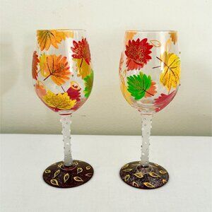Lolita Autumn Bliss Wine Glasses Set of 2 Hand Painted Fall Leaf Design